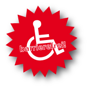 roter gezackter Stern mit abgebildeten Rollstuhlfahrer-Zeichen und Aufschrift barrierefrei